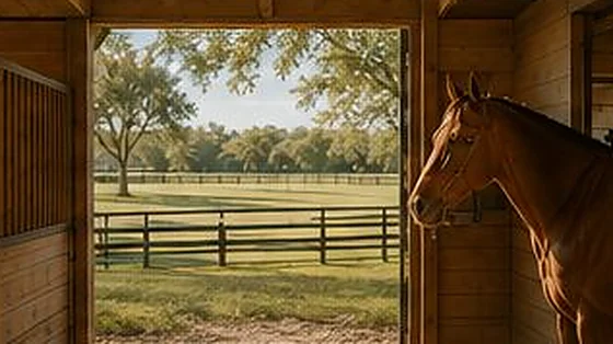 A horse looking out from its stall over open pasture
