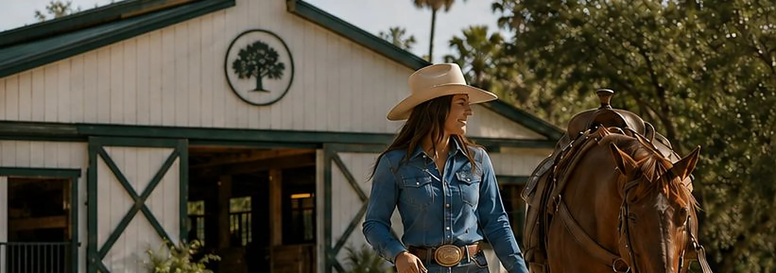 A rider leading her horse past the barn at The Stable Grove