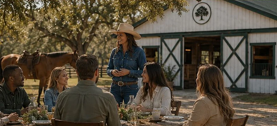 A long table set for a gathering beside the barn