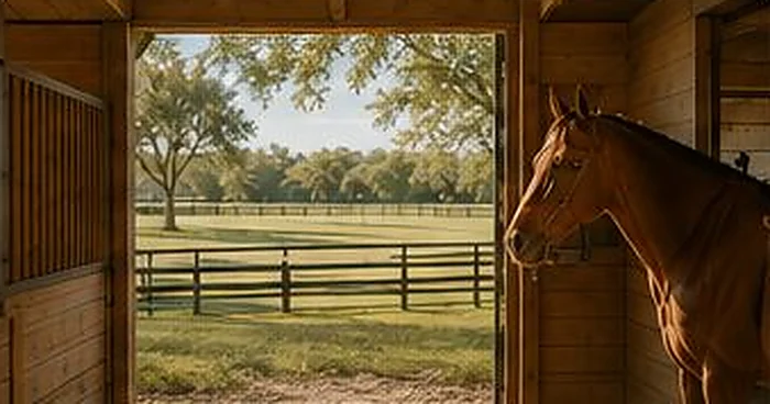 A horse looking out from its stall over open pasture