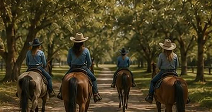 Riders in single file beneath the live oaks